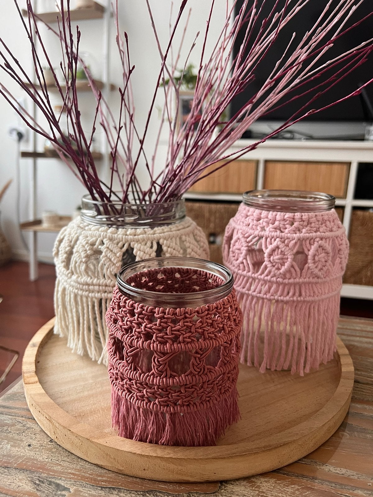 Macramé potten/vazen set van 3, Meerkleurig, Boho, Ophalen of Verzenden, Zo goed als nieuw