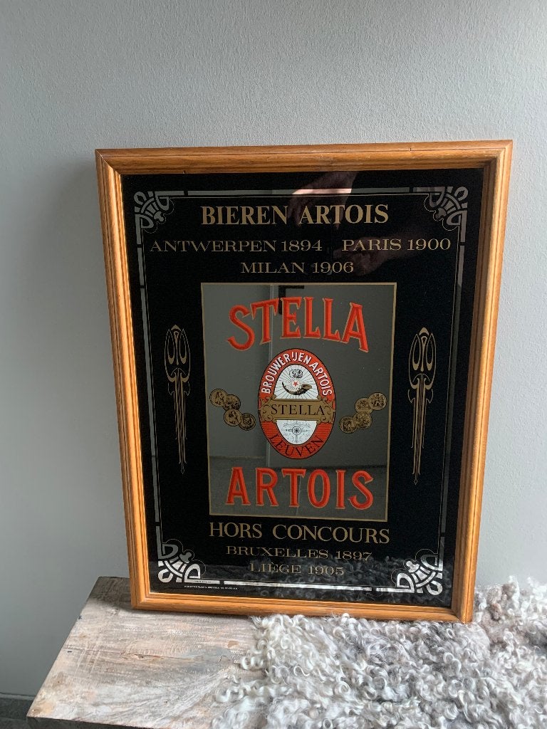Stella Artois spiegel orgineel begin jaren 80,-, Verzamelen, Biermerken, Ophalen of Verzenden, Zo goed als nieuw, Reclamebord, Plaat of Schild