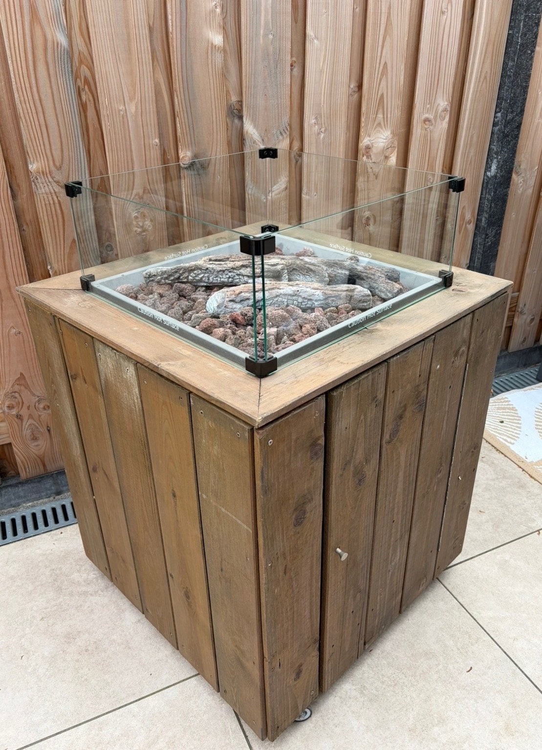 Houten vuurtafel met gasbrander (excl. gasfles), Ophalen, Gebruikt, Vuurkorf