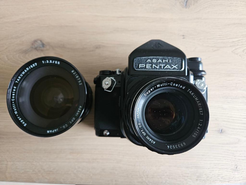 Pentax 6x7 met 105mm f/2.4 + 55mm f/3.5, Ophalen, Gebruikt, Spiegelreflex, Pentax