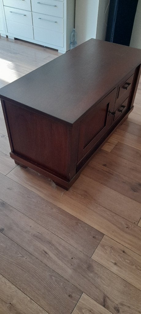Donkerbruin TV-meubel met lade en kastje, Ophalen, Gebruikt, 100 tot 150 cm, Klassiek