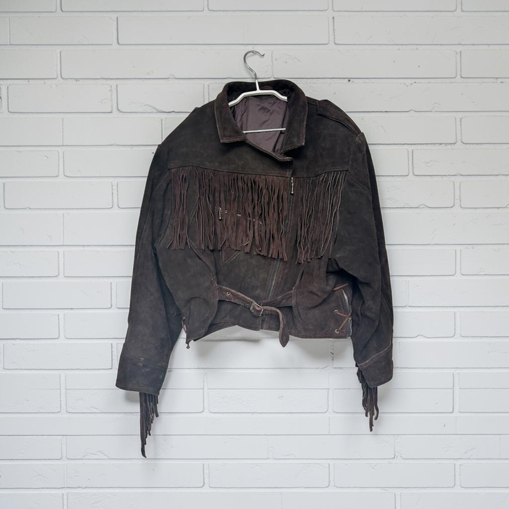 Vintage Jas XXL Bruin Suède Leer Franjes Cowboy Moto Style, Bruin, Maat 46/48 (XL) of groter, Ophalen of Verzenden, V