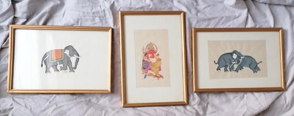 3 schilderingen Olifanten o.a. Ganesha, Ophalen of Verzenden