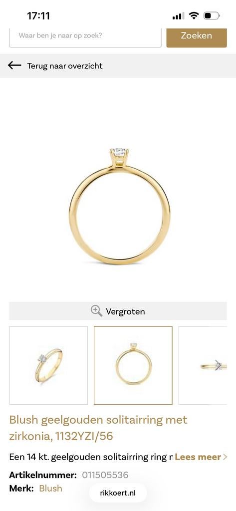 Blush Gouden Solitairring met Zirkonia - Maat 56, Gebruikt, Ophalen of Verzenden, 17 tot 18, Met edelsteen