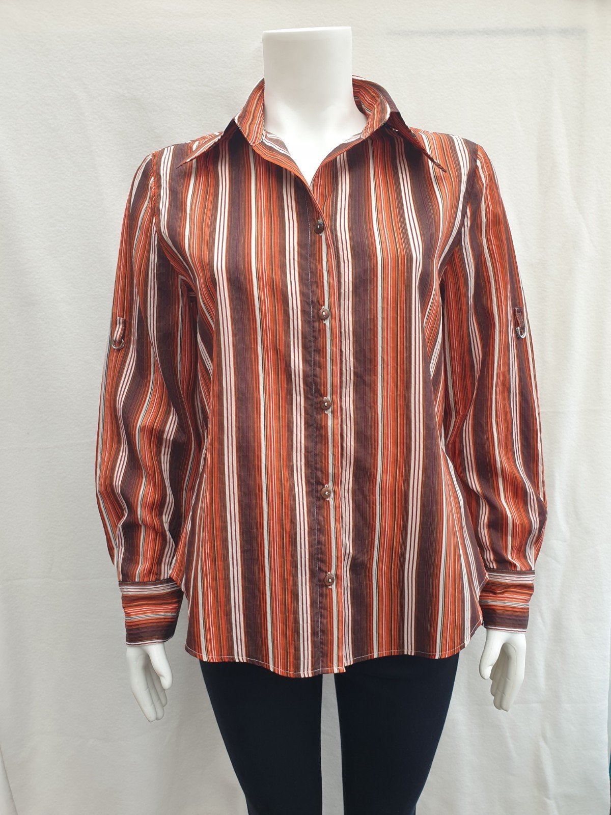 Vintage blouse, maat 42/XL - gestreept - bruintinten- 90's, Bruin, Maat 42/44 (L), Onbekend, Vintage
