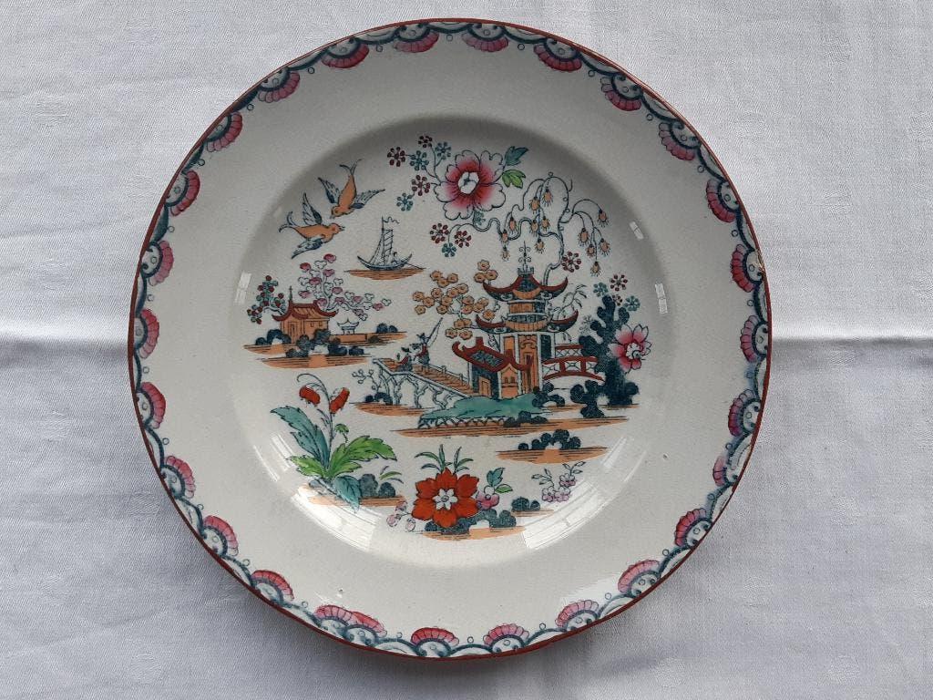 Chinees veelkleurig wandbord met Pagode vogels vissers, boot, Ophalen of Verzenden