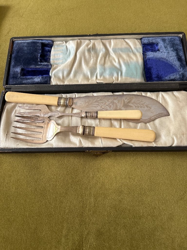 Antiek verzilverd serveerbestek,met handvat v runderbeen, Antiek en Kunst, Ophalen of Verzenden