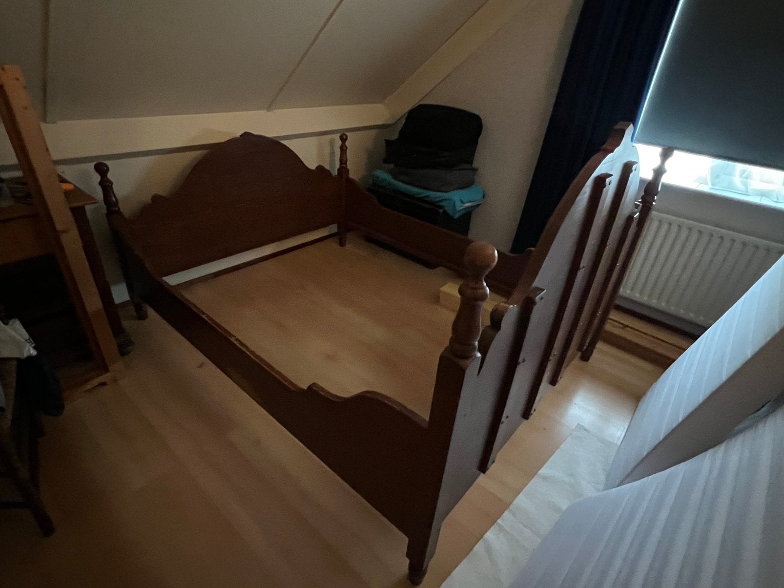 Vintage houten bedframe, Ophalen, Gebruikt, Bruin, Tweepersoons