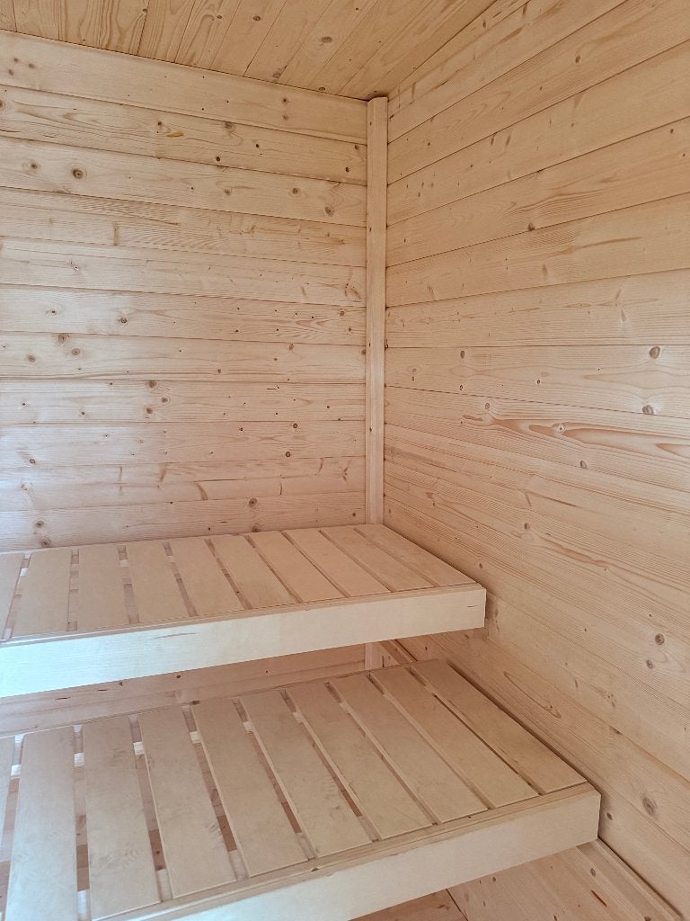 Karibu | Buitensauna Hytti 2 Terragrijs | SHOWROOMMODEL, Sport en Fitness, Sauna, Ophalen, Zo goed als nieuw, Fins of Traditioneel