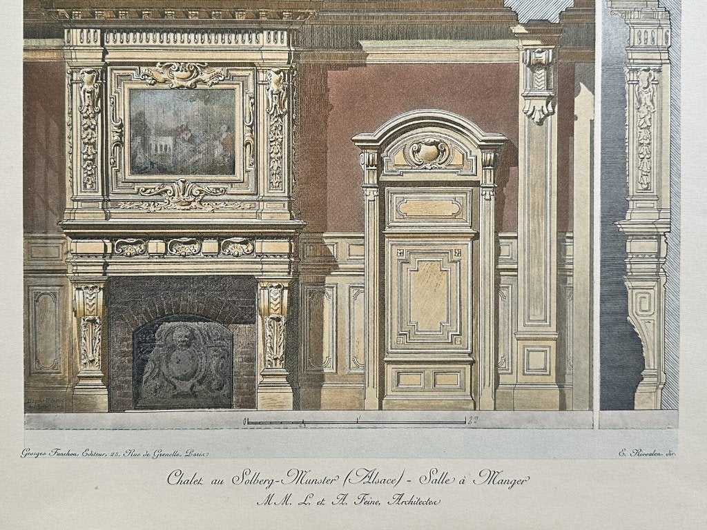 Interieurtekening Elzas - grote chromolithografie 1910, Antiek en Kunst, Kunst | Etsen en Gravures, 40 cm, 50 cm, Ophalen of Verzenden