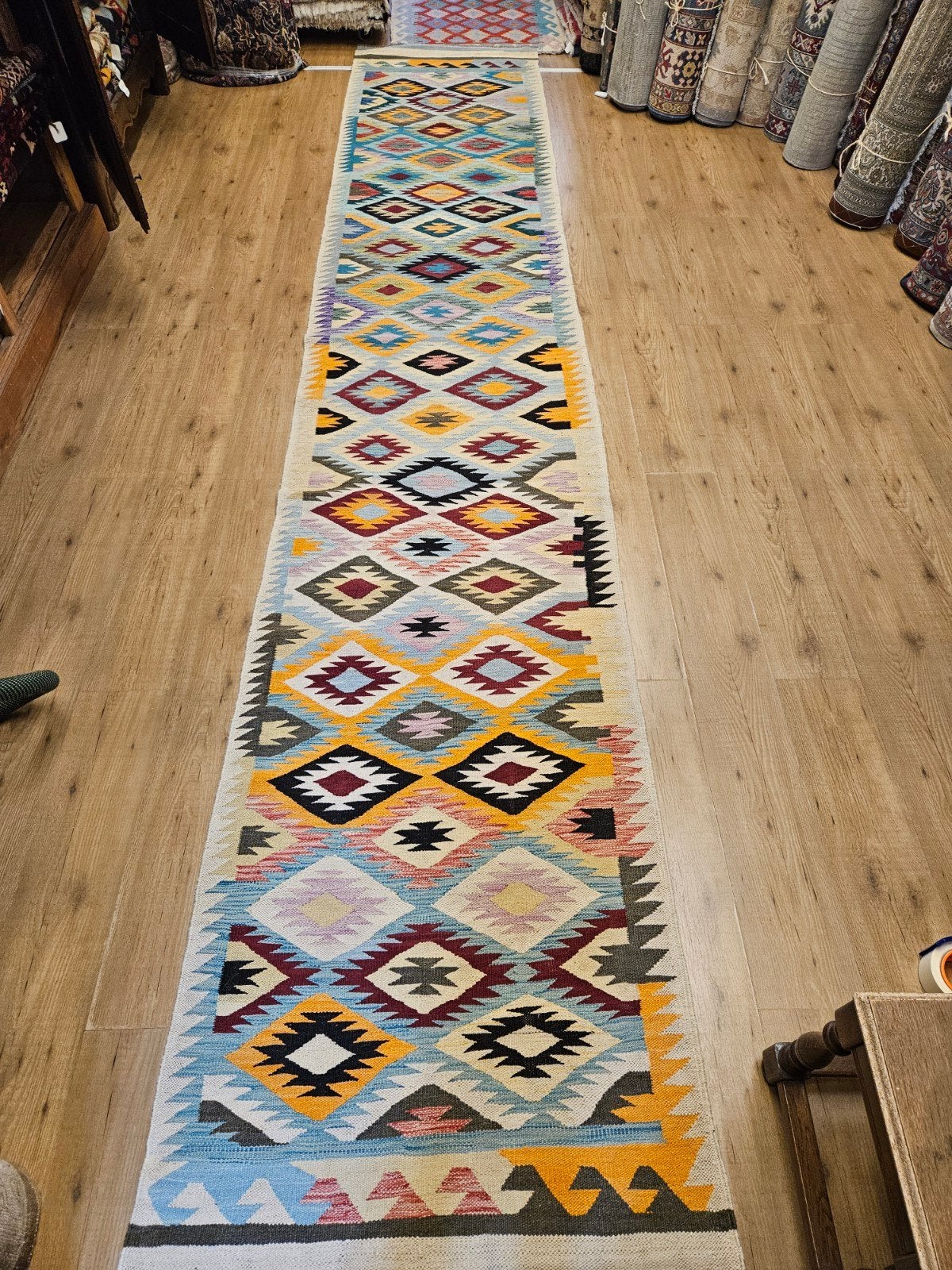 Handgeweven oosterse kelim loper 478x90
Ni, Info@SlatsAntiek.nl, Vof Slats Antiek, Kelim, Crème