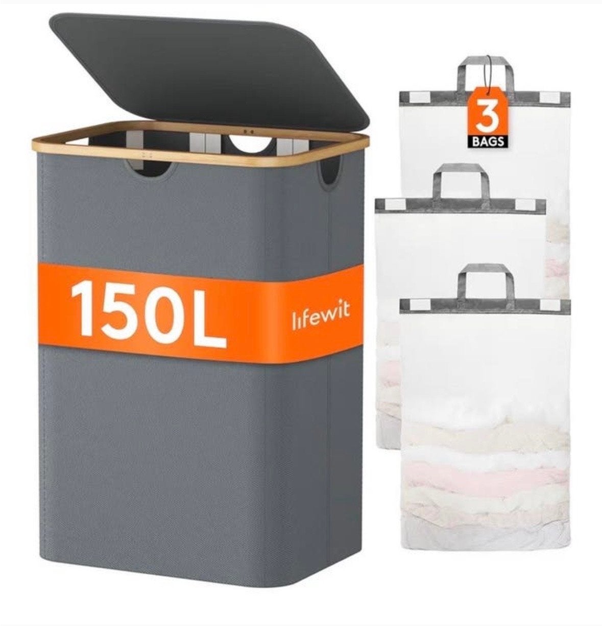 Lifewit Waszak 150L met Bamboe Deksel en 3 Waszakken, Huis en Inrichting, Ophalen, Zo goed als nieuw, Modern, Grijs