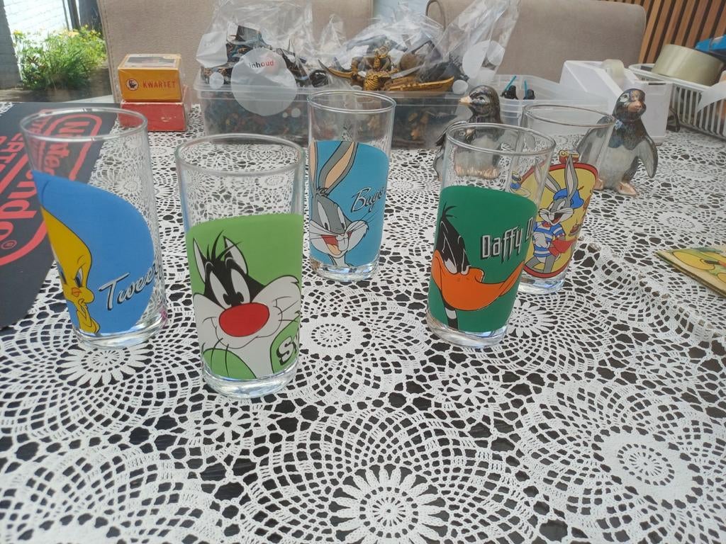 Looney Tunes Glazen Set Bugs Bunny, Daffy Duck, Tweety, Sy, Verzamelen, Ophalen, Looney Tunes, Gebruikt