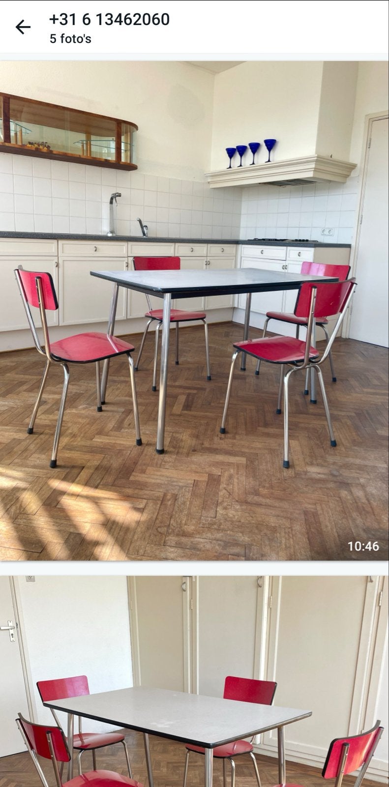 Vintage Formica Eetgroep: 4 Stoelen en Tafel Rood/Wit, Huis en Inrichting, Ophalen, Gebruikt, Vier, Metaal