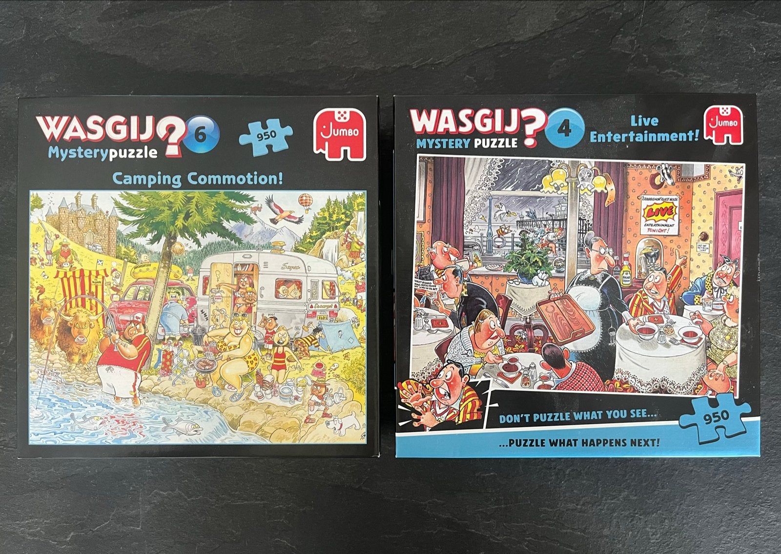 Wasgij Mystery Puzzels: Camping Commotion & Live Entertainme, Ophalen of Verzenden, 500 t/m 1500 stukjes, Gebruikt, Legpuzzel