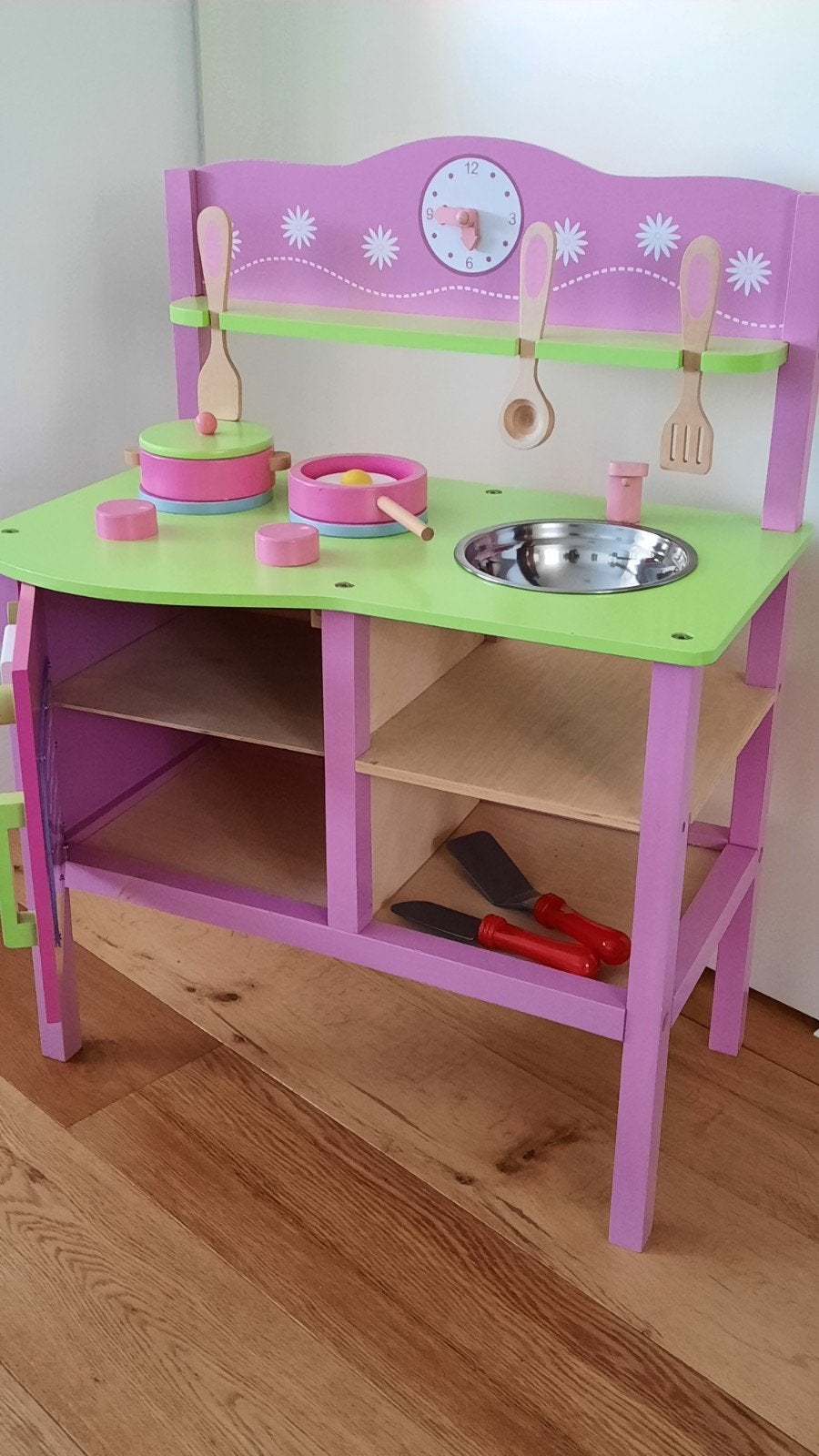 Lelin Toys - kinderkeukentje hout roze met accessoires zgan, Ophalen of Verzenden, Zo goed als nieuw, Hout