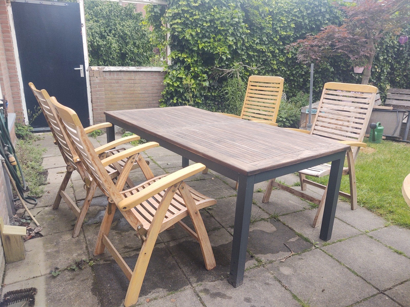 Teak houten tafel (2x1m.) en 4 verstelbare stoelen. T.e.a.b., Ophalen, 4 zitplaatsen, Gebruikt, Teakhout