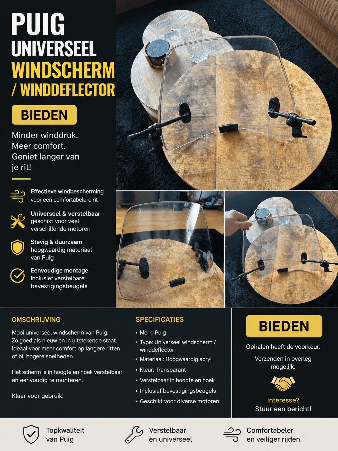 Puig Universeel Windscherm Motor Licht Getint - Nieuwstaat, Ophalen of Verzenden, Nieuw