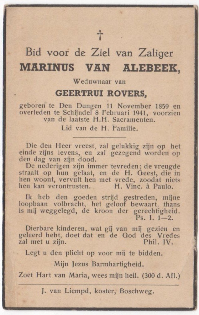 Marinus van Alebeek 1859 Den Dungen + 1941 Schijndel, 81 jr, Verzamelen, Ophalen of Verzenden