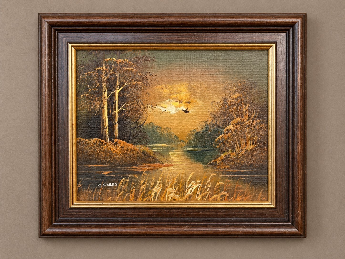 Schilderij gesigneerd Verhees - Eenden in avondlicht, Ophalen of Verzenden