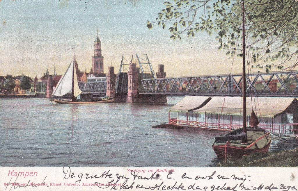 GA1673 Kampen ijselbrug en badhuis Elburg Dronten 1905, Verzenden, Voor 1920, Gelopen, Overijssel