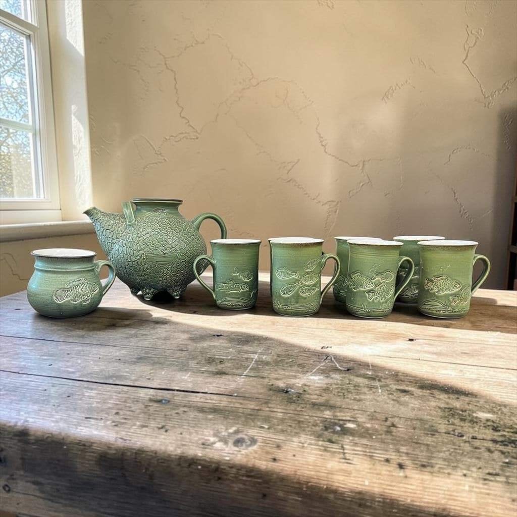 Vintage muntgroen theeservies: theepot et 6 tassen, Ophalen, Rond, Aardewerk, Minder dan 40 cm