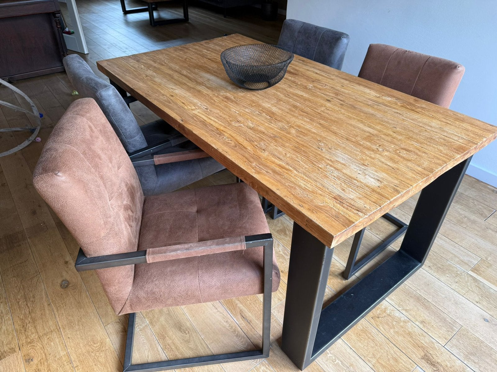 Stoere eettafel Romaro 160x90 - teakhout - industrieel, Ophalen, Gebruikt, Teakhout, 50 tot 100 cm