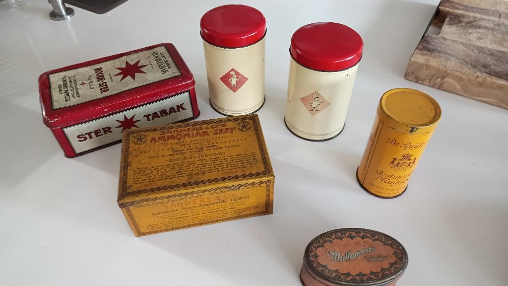 Oude blikken (6 stuks o.a. Ster Tabak en Bolletje), Ophalen, Gebruikt, Overige