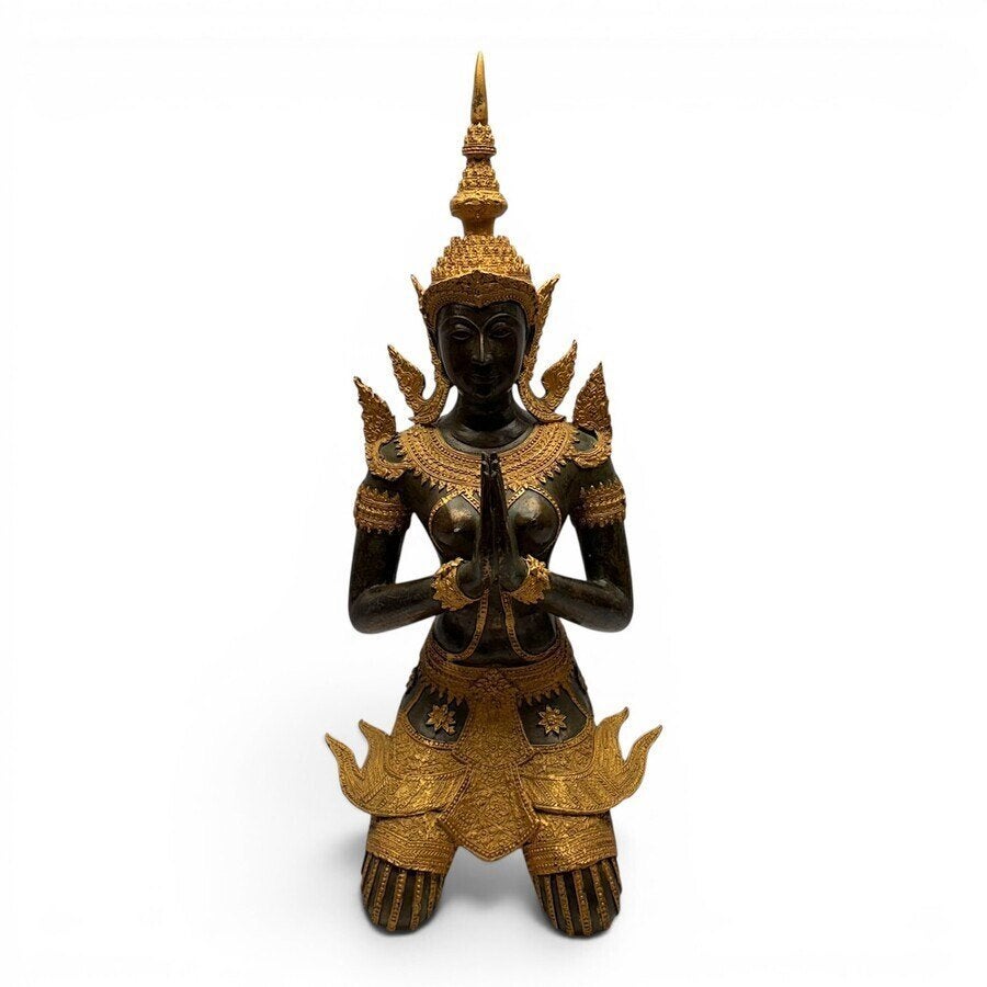 Een Thaise gedeeltelijk verguld bronzen tempelwachter, Ophalen of Verzenden, Brons