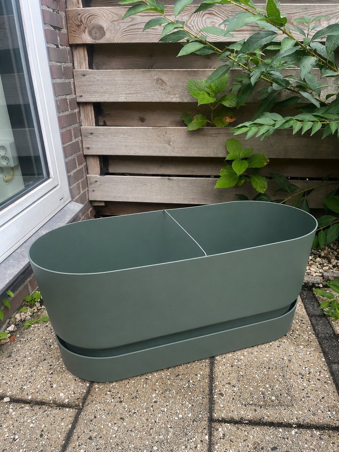 3x Elho Greenville terrace Trough  bloembak 80 blad groen, Ophalen, Kunststof, Rond, Zo goed als nieuw