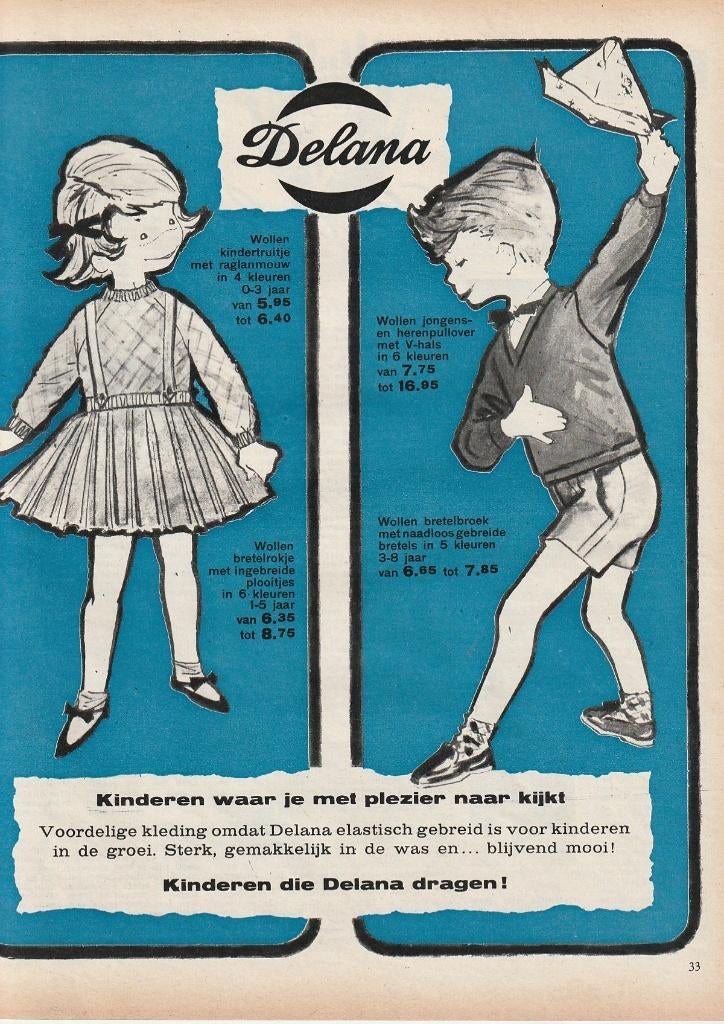 Retro reclame 1959 Delana kindermode jongetje & hoedje, Verzenden, Overige typen