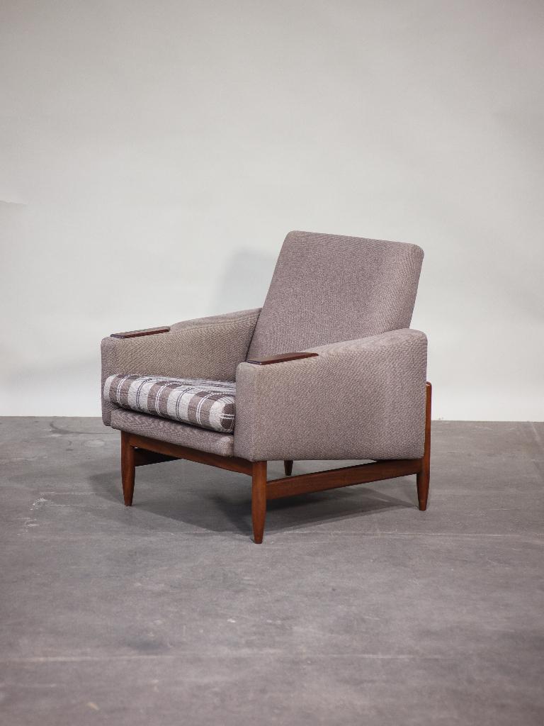 (2x) Fauteuil Deens design teakhout geruit grijs, Huis en Inrichting, Ophalen, Hout, -, -