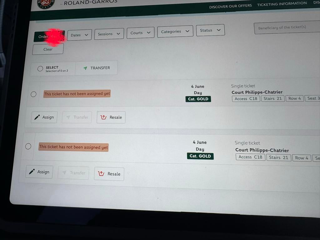 Roland Garros, 2 Gold Category tickets halve finale (4 Juni), L00, Nieuw, Racket, Ophalen