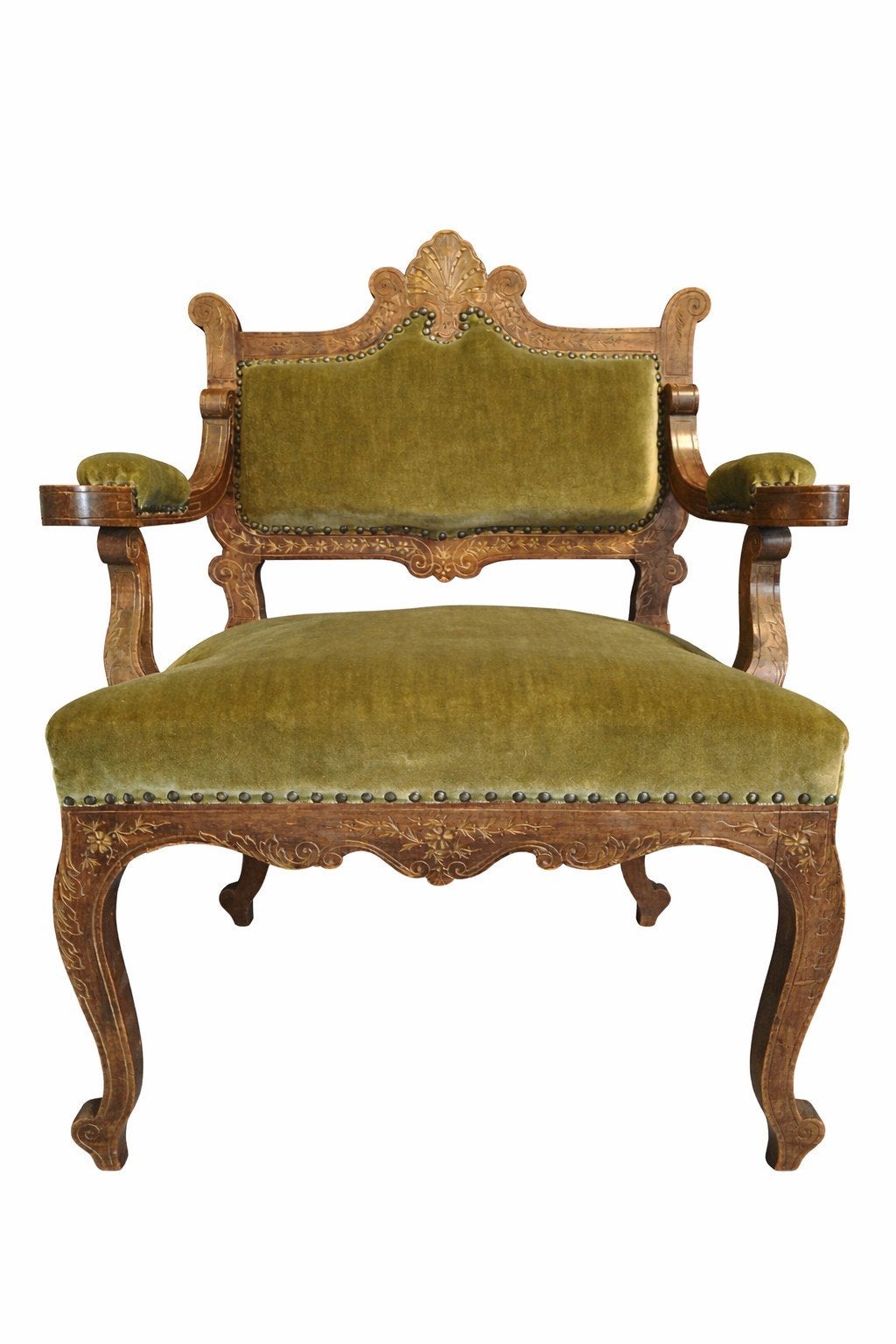 Antieke fauteuil met groen fluweel en houtsnijwerk, Ophalen