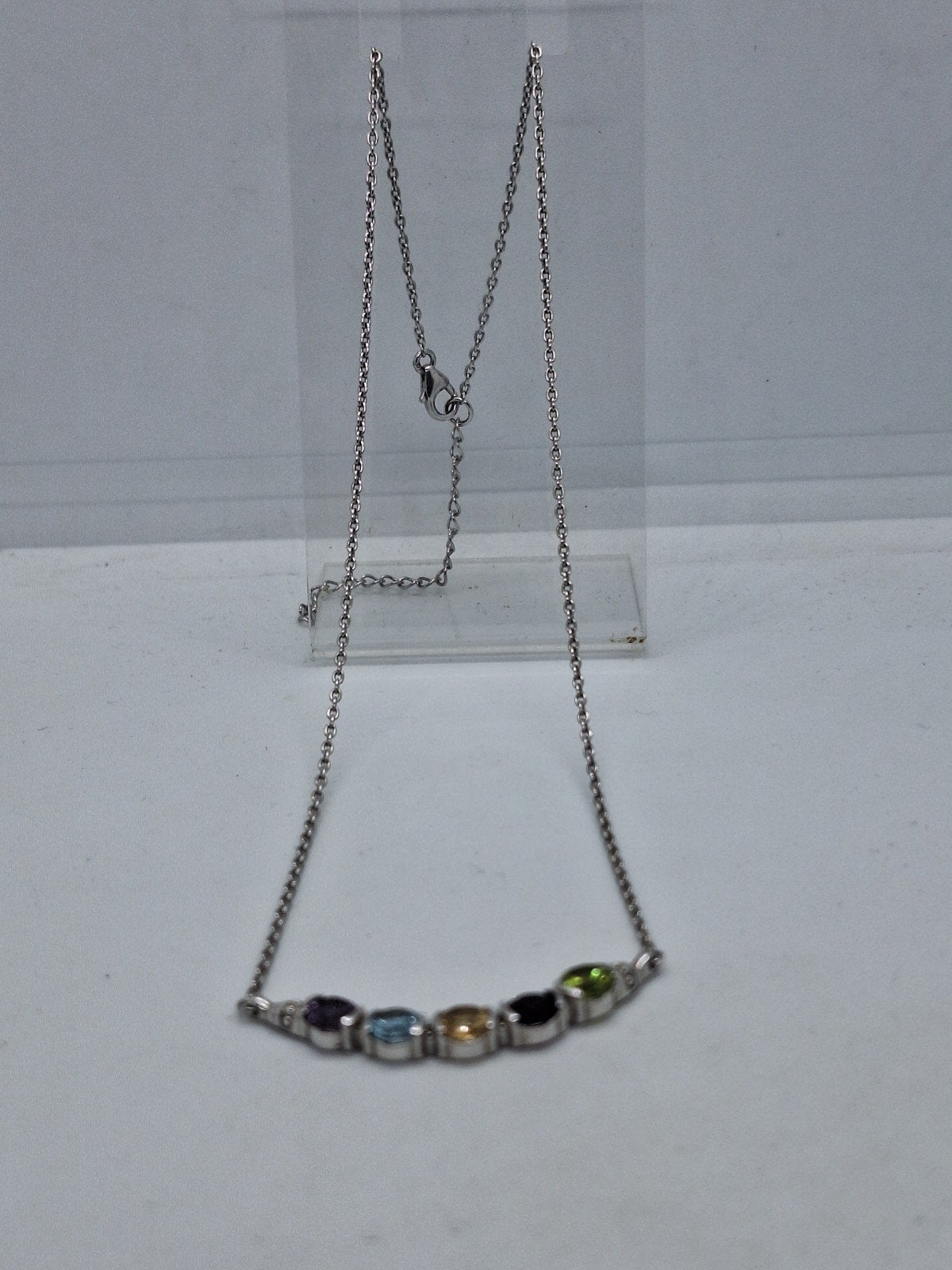 Zilveren ketting met edelstenen (aquamarijn, onyx, robijn), Gebruikt, Verstelbaar, Ophalen of Verzenden, Zilver