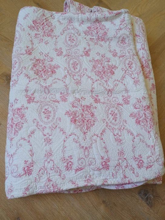 ❤️ Plaid quilt 260x260 cm toile de jouy en strepen roze, Katoen, Verzenden, Roze, 260 cm