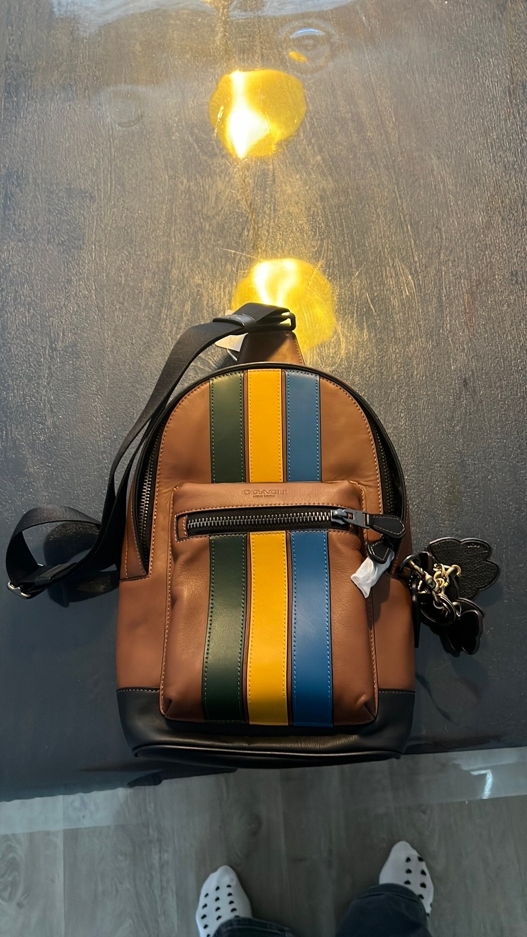 Coach Sling Bag Leer Gestreepte Crossbody Tas, Overige merken, Nieuw, Ophalen of Verzenden, Minder dan 25 cm