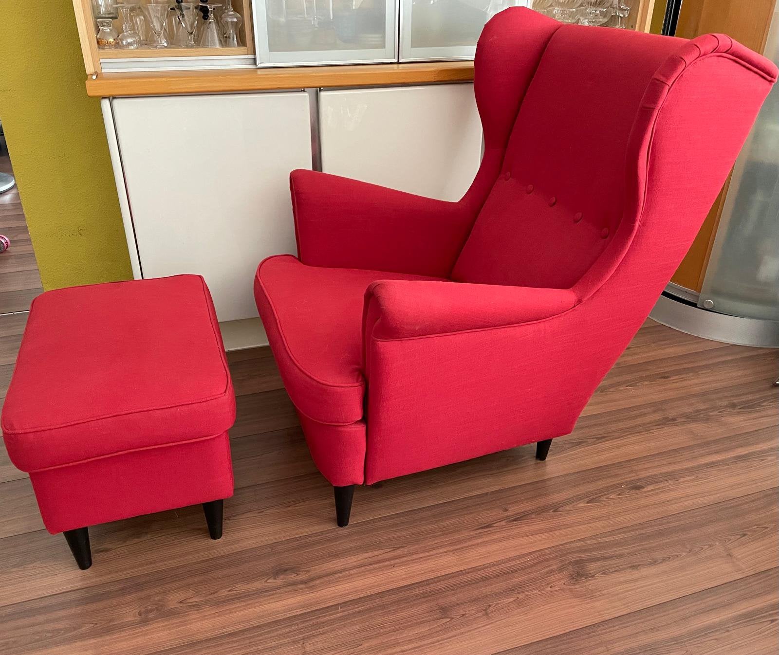 Ikea Strandmon oorstoel plus voetenbank, Ophalen, Zo goed als nieuw, 75 tot 100 cm, Stof