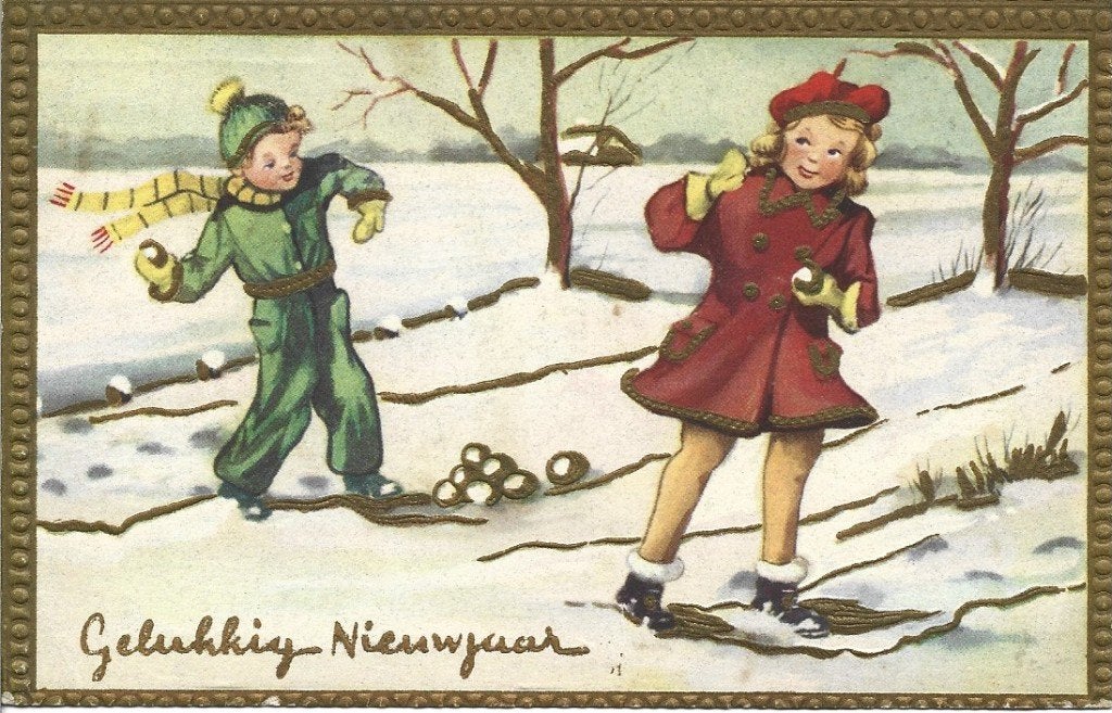 Gelukkig Nieuwjaar*Jongetje*Meisje*Sneeuwballen*Licht Relief, Verzamelen, Ophalen of Verzenden, 1940 tot 1960, Gelopen, Kinderen