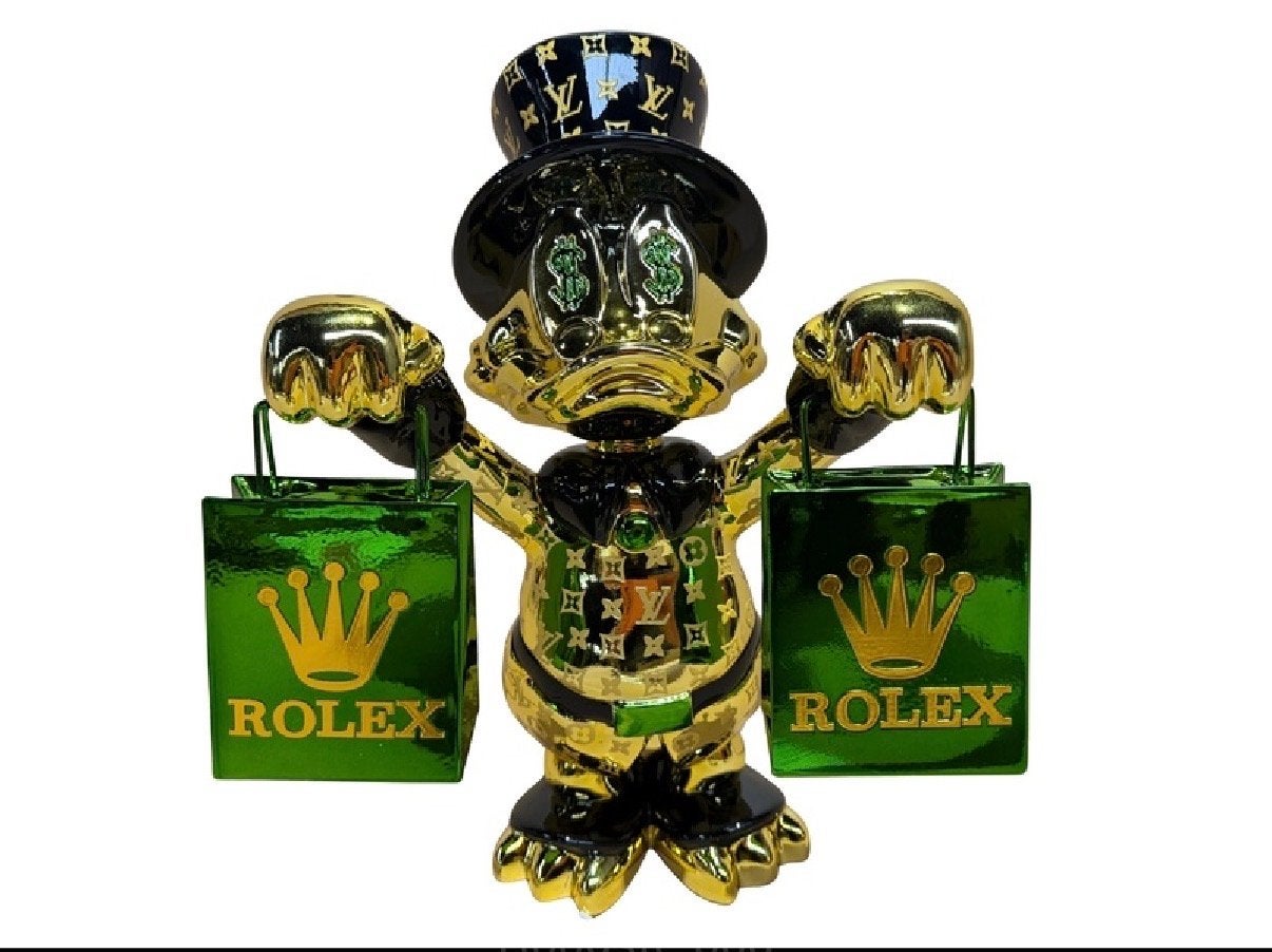 Gouden Dagobert Duck Beeld met Rolex Tassen Lior Lior24, Overige onderwerpen, Kunststof, Ophalen of Verzenden, Handgemaakt