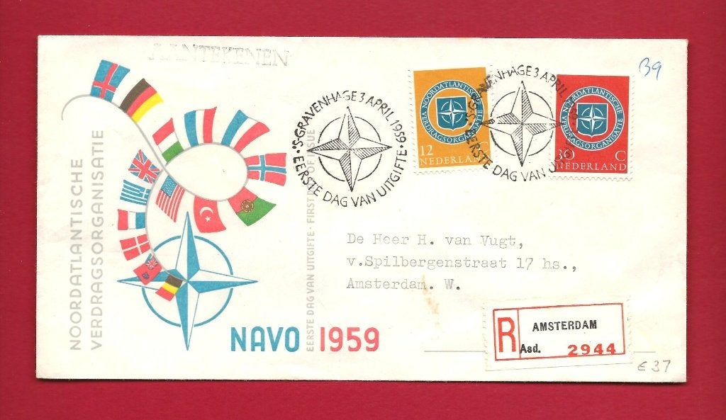 1959 NAVO FDC E37 met open klep e1, Postzegels en Munten, Verzenden, Beschreven, Nederland