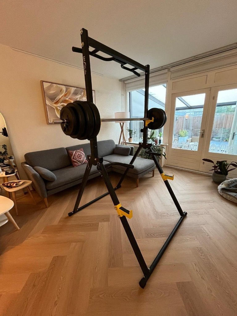 Inklapbaar Squatrack + Halterstang & Gewichten, Ophalen of Verzenden, Zo goed als nieuw, Rug, Overige typen