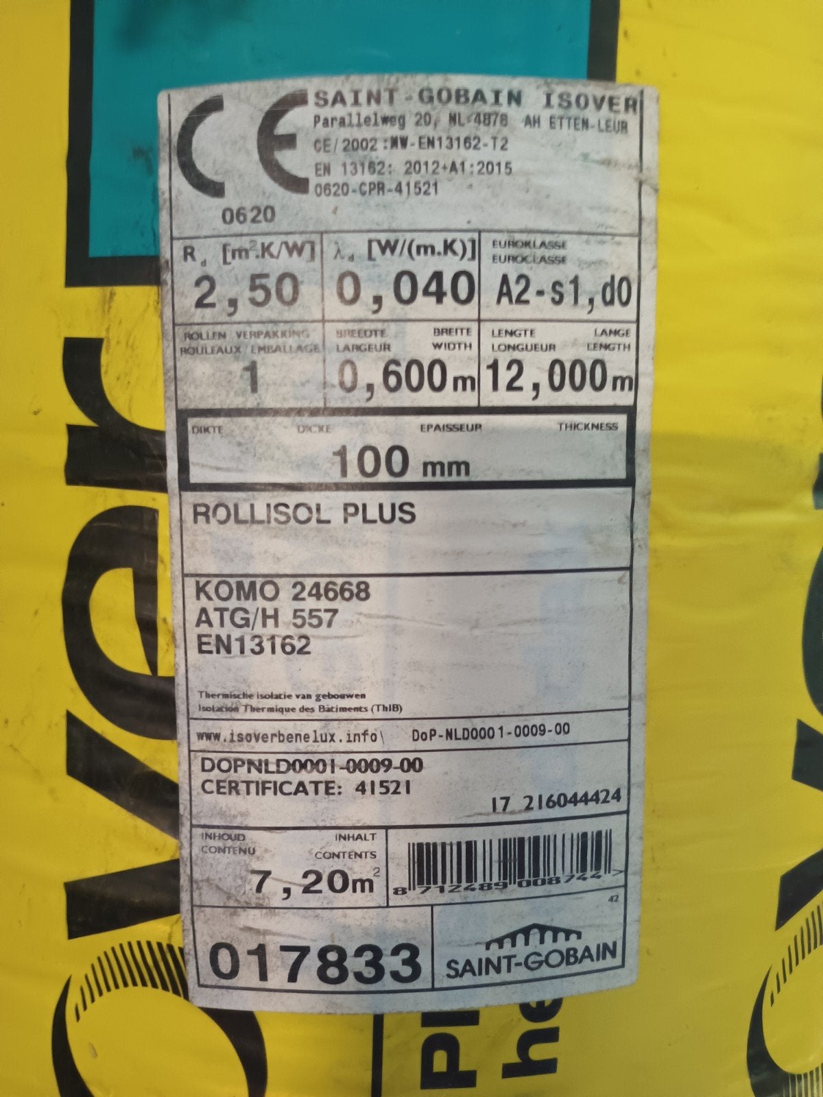 ISOVER Rollisol Plus Isolatie - 100mm dik, 7,20m² per rol, Ophalen