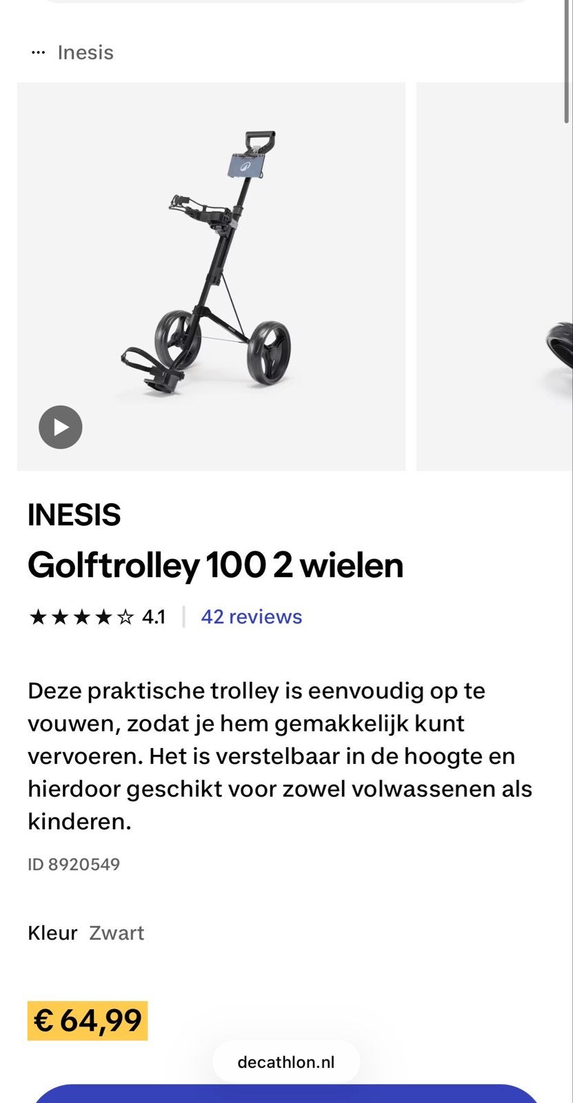 Inesis Golftrolley 100 2 wielen - Zwart, Sport en Fitness, Golf, Ophalen of Verzenden, Nieuw, Golfkar, Overige merken