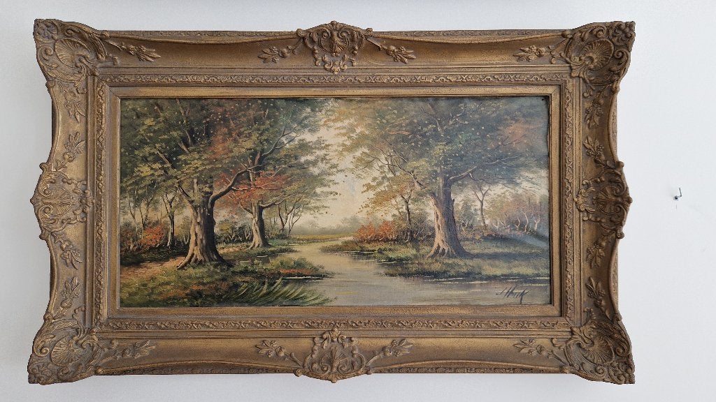 Prachtig schilderij "Beekje in het bos" SCH15, Ophalen, Doek, Landschap, Olieverf