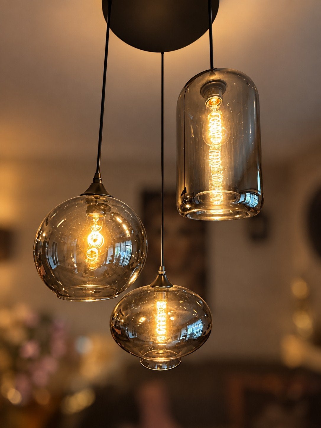 Moderne hanglamp met 3 glazen kappen - rookkleurig, Modern, Industrieel, Sfeervol, Zo goed als nieuw, Glas, E27 (groot)