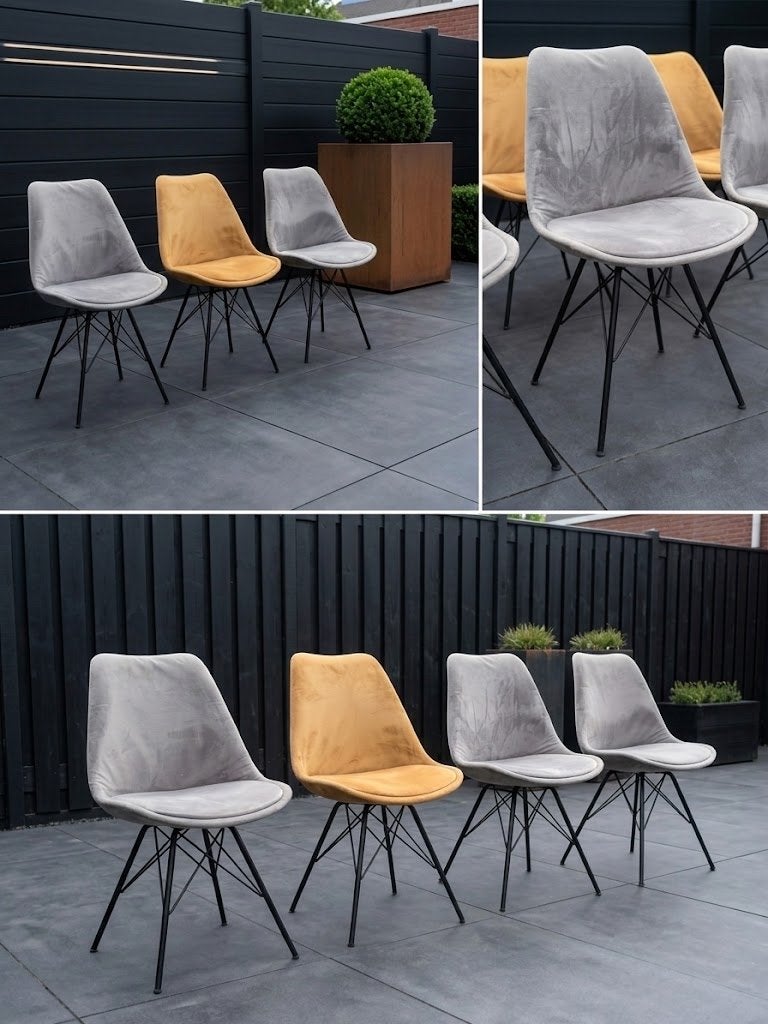 6 Eetkamerstoelen: 3 Goud, 3 Grijs - Gebruikt, Huis en Inrichting, Stoelen, Ophalen, Gebruikt, Overige kleuren, Stof