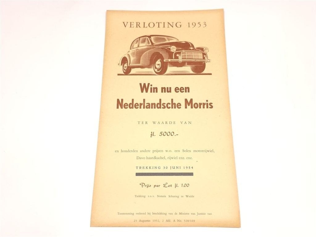 Verloting 1953 — Nederlandsche Morris Vintage Raambiljet, Verzamelen, Gebruikt, -, Verzenden, -