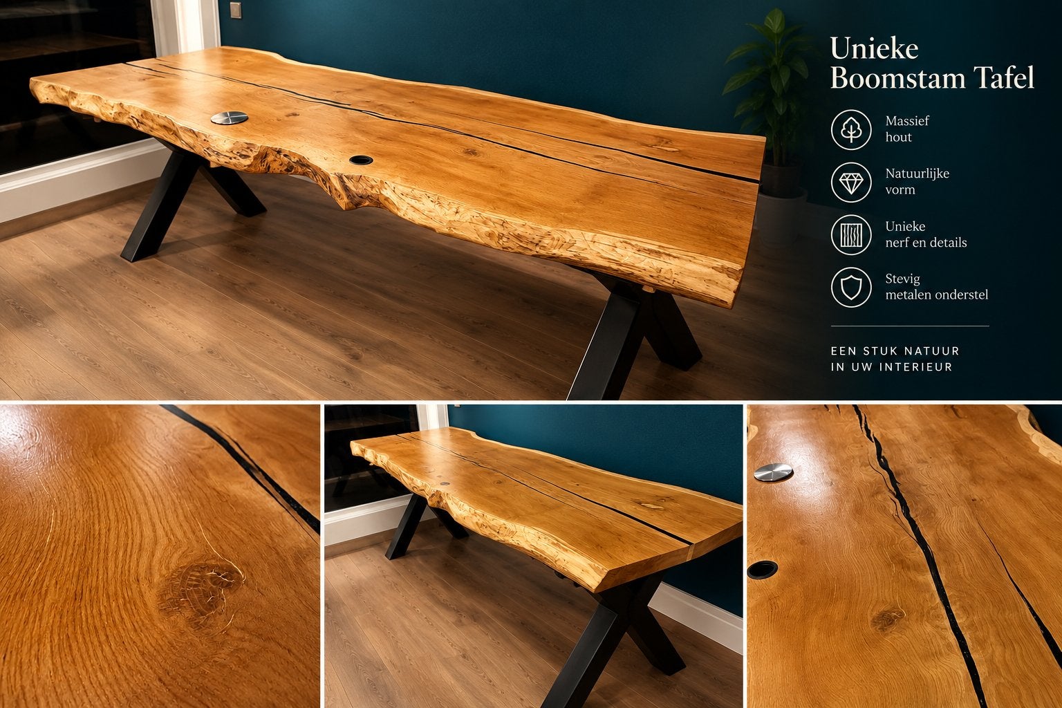 Unieke Eikenhouten Boomstam Tafel - Massief Hout 251x 100, Ophalen, Eikenhout, 200 cm of meer, Zo goed als nieuw