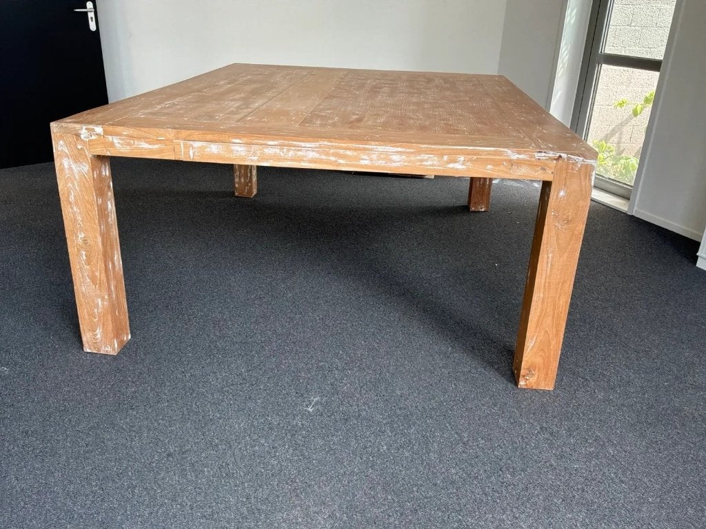 Robuuste houten eettafel - kantinetafel Teak look, Huis en Inrichting, Tafels | Eettafels, Ophalen, Gebruikt, 100 tot 150 cm, 150 tot 200 cm